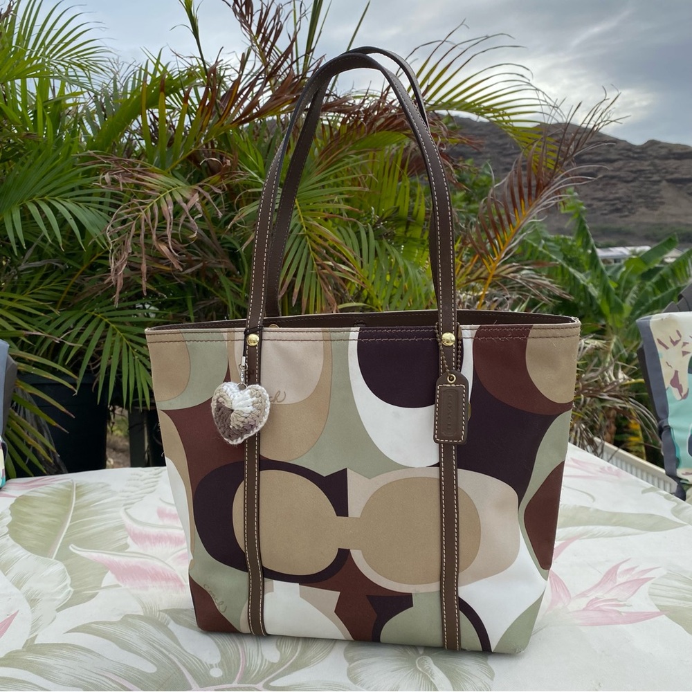 Coach Y2k Green/Brown Monogram Satin Leather Tote Bag